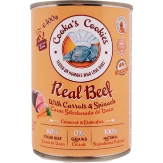 Alimento Húmido para Cão Carne Selecionada de Vaca, Cenouras e Espinafres lata 400 g - Cooka's Cookies