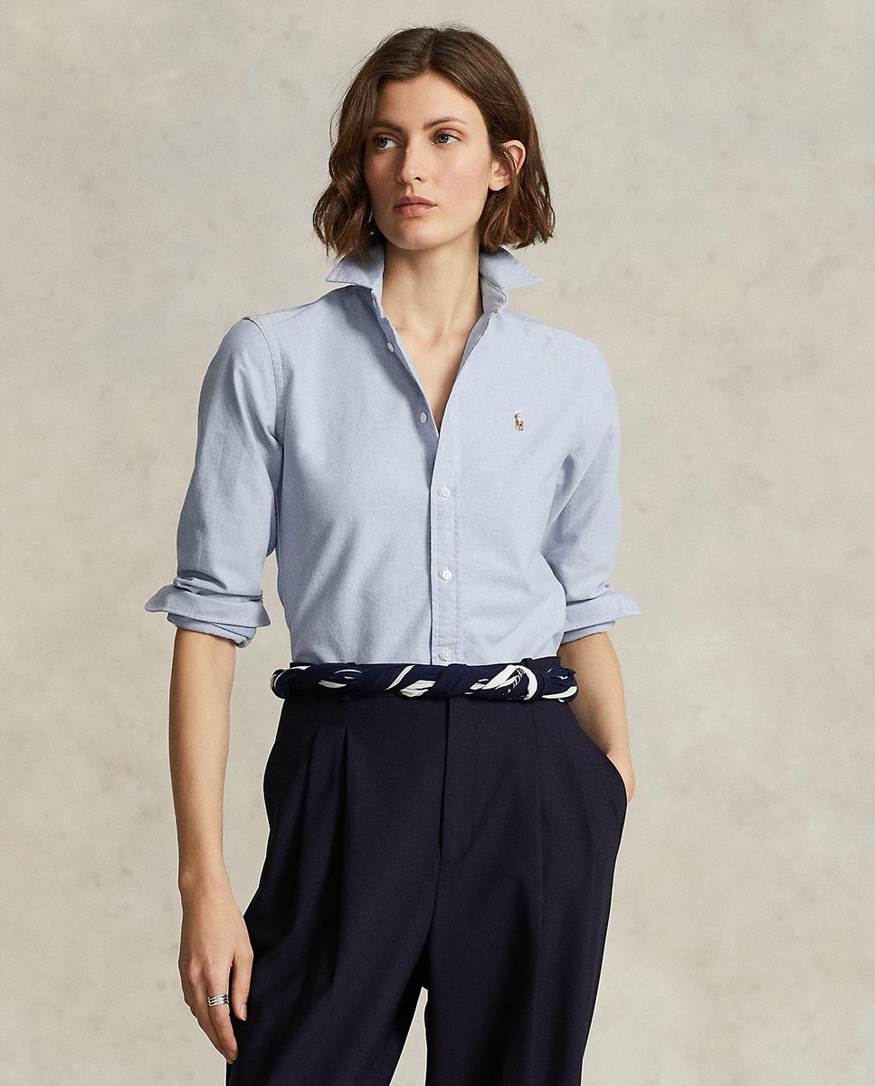 Camisa Oxford Básica com Logótipo em Contraste Azul-1