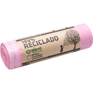 bolsas de basura rosas perfumadas 100% reciclado para cubo normal 30 litros rollo 15 unidades - Relevo
