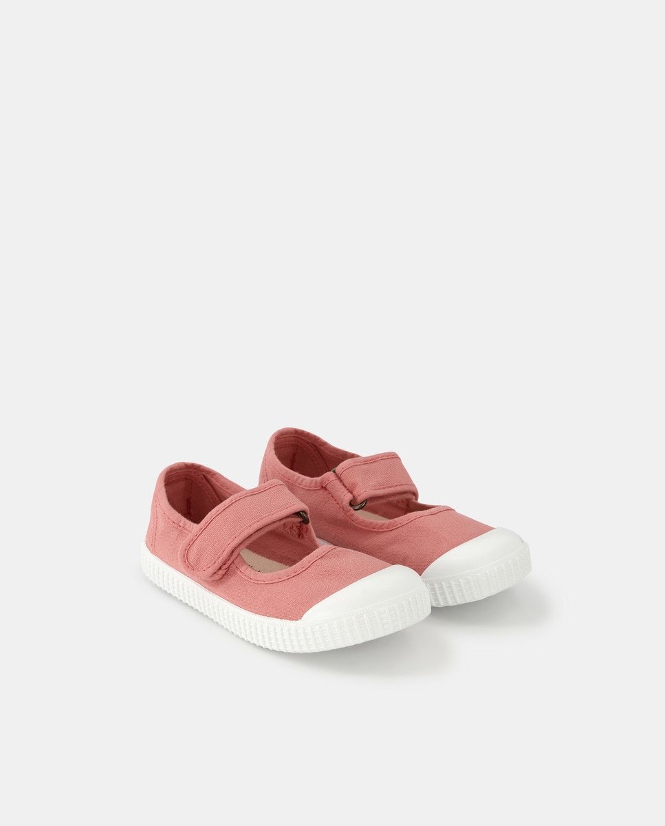 Sapatos de Presilha de Bebé com Fecho Aderente e em Lona Rosa-2