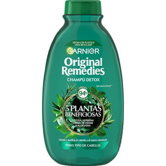 champú Detox 5 plantas beneficiosas con ortiga, vebena, limón, té verde y aloe vera frasco 400 ml para todo tipo de cabello uso diario - Original Remedies