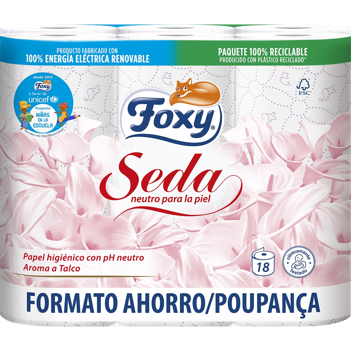 papel higiénico Seda con pH neutro 3 capas aroma a talco paquete 18 rollos