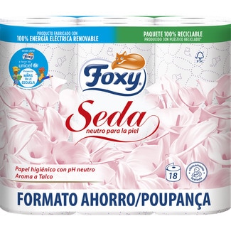 papel higiénico Seda con pH neutro 3 capas aroma a talco paquete 18 rollos - Foxy