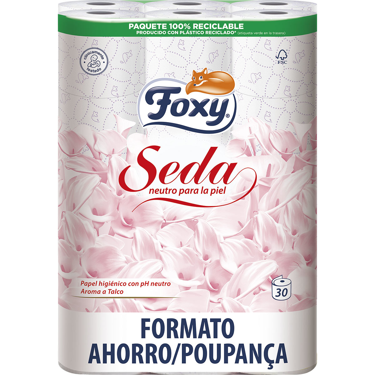 papel higiénico Seda con pH neutro 3 capas aroma a talco paquete 30 rollos