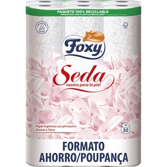 papel higiénico Seda con pH neutro 3 capas aroma a talco paquete 30 rollos - Foxy