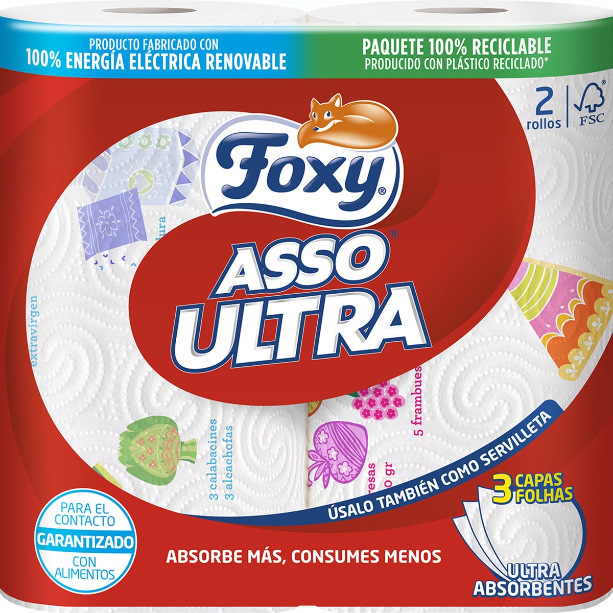 papel de cocina Asso Ultra 3 capas ultra absorbente paquete 2 rollos