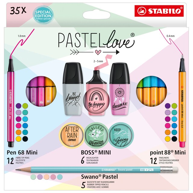 Imagen 0 de Estuche 6 BOSS MINI Pastellove 2.0, 12 rotuladores Pen 68 Mini, 12 rotuladores punta fina point 88 Mini y 5 lápices de grafito Swano Pastel STABILO