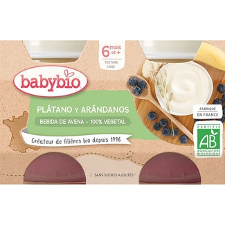 postre de bebida de avena, plátano y arándanos ecológico 100% vegetal desde 6 meses pack 2 tarrinas 130 g 100% vegetal - Babybio