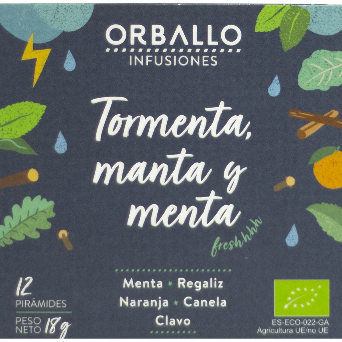 Tormenta, Manta y Menta infusión ecológica con menta, regaliz, naranja, canela y clavo estuche 12 pirámides