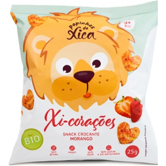 Snack Crocante de Morango Xi-Corações Vegan embalagem 25 g - Papinhas Da Xica