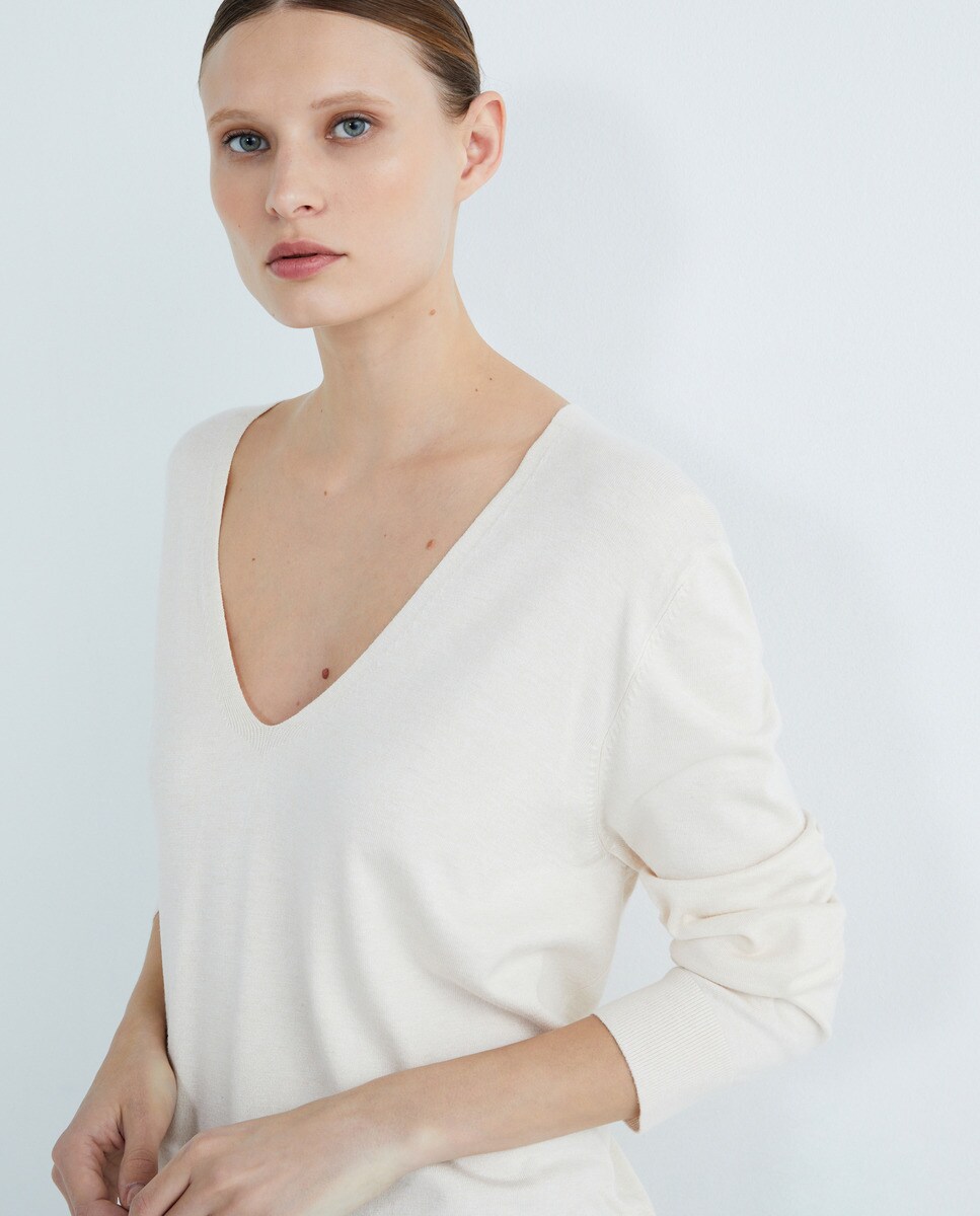 Jersey mujer básico escote pico Gris oscuro-2