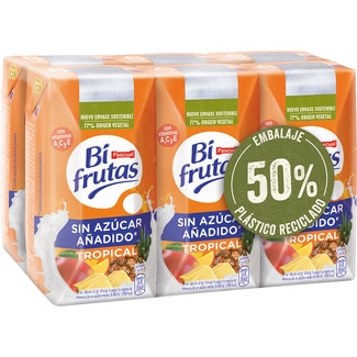 bebida de zumo de frutas Tropical con leche desnatada a partir de concentrado pack 6 briks 200 ml sin azúcar añadido - Pascual Bi Frutas
