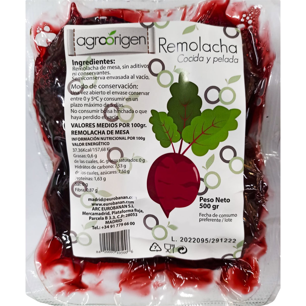 remolacha cocida y pelada bolsa 500 g