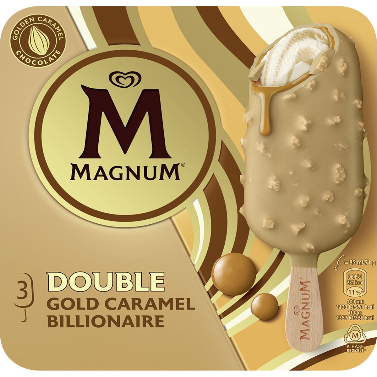 Double Gold Caramel Billionaire bombón helado sabor galleta y nuez pecán 3 unidades estuche 255 ml