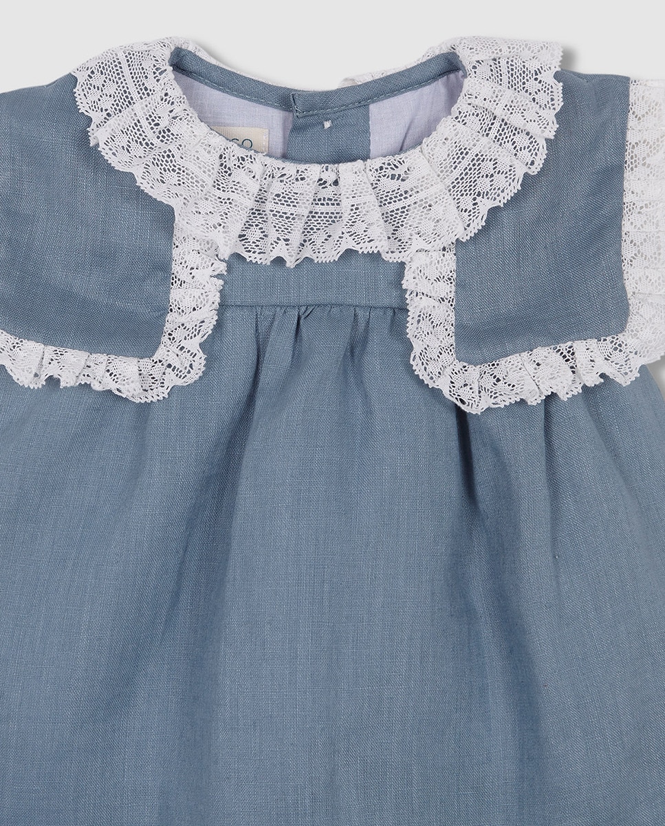 Vestido de Bebé com Tiras Bordadas e em Linho Azul-5