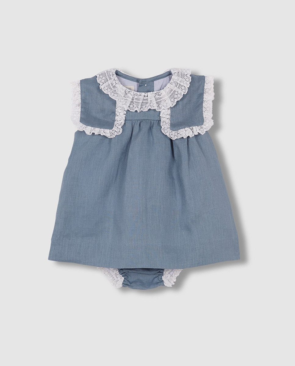 Vestido de Bebé com Tiras Bordadas e em Linho Azul-3