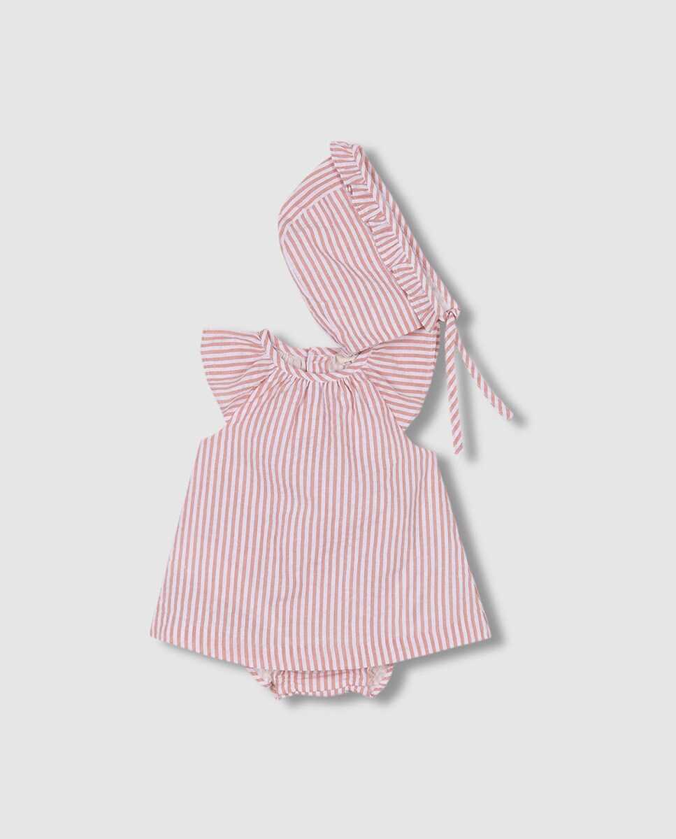 Ensemble robe et bonnet béguin seersuker