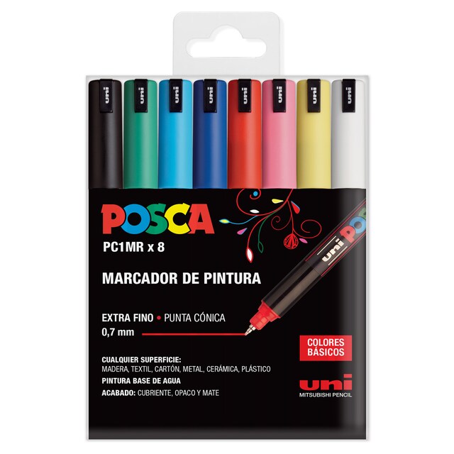 Imagen 0 de Estuche 8 unidades de marcadores de pintura base al agua 0,7 mm. PC1MR Uni Posca colores básicos