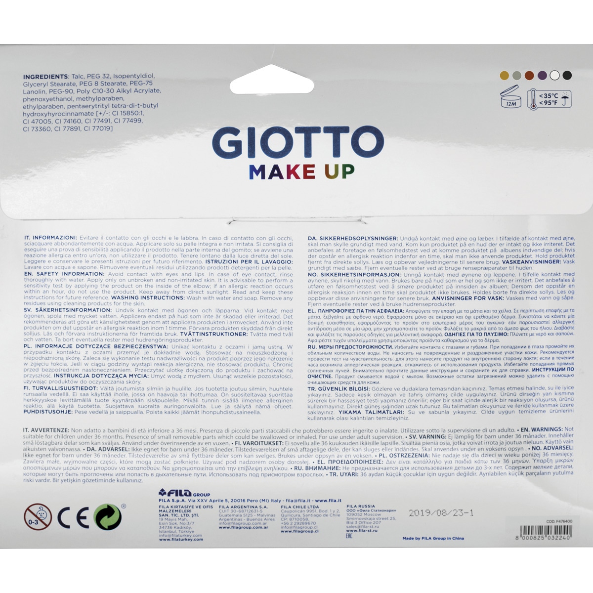 Set 6 unidades x 5 ml pintura facial cosmética Make Up Giotto metal 9