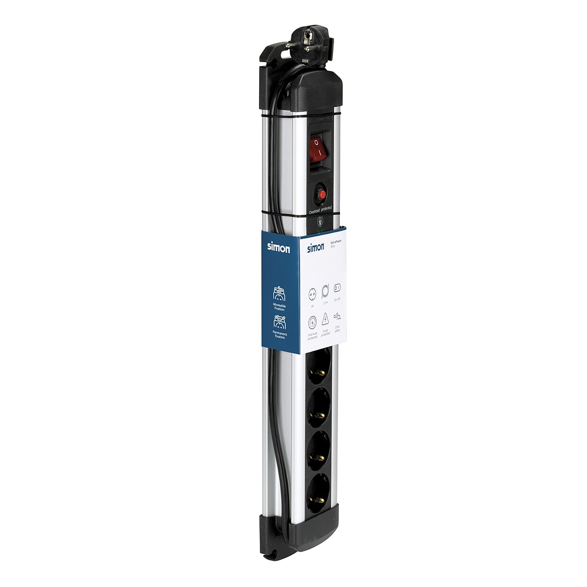 Base múltiple extrapower aluminio 1,5m cable con protección sobretensiones Simon Acero / Negro-2