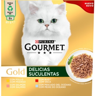 Gourmet Gold Alimento Húmido para Gato Delicias Suculentas Pack 8 unidades embalagem 680 g - Purina