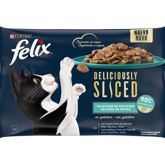 Alimento Húmido para Gato Deliciously Sliced Seleção de Peixes Pack 4 unidades embalagem 320 g - Purina Felix
