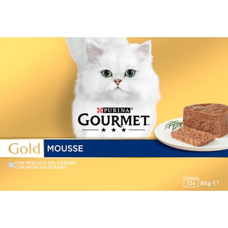 Alimento Húmido para Gato Mousse sabor Peixe Gato Pack 12 unidades embalagem 1,020 g - Purina Gourmet Gold