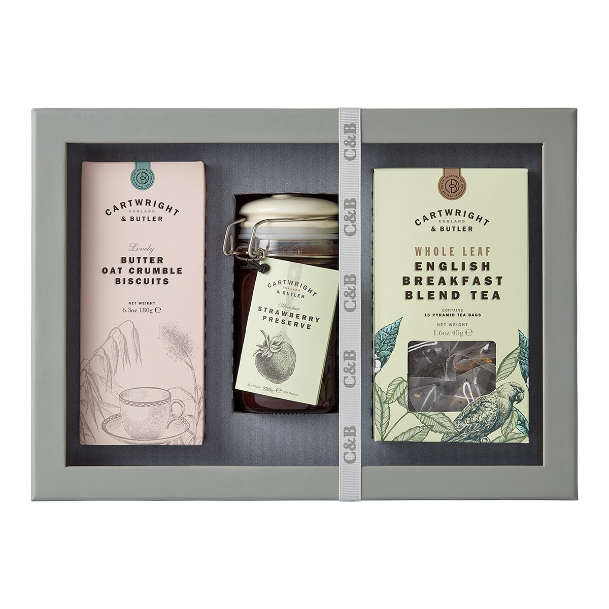 Paquet de biscuits au beurre et à l'avoine, gâteaux et thé English Breakfast Cartwright&Butler