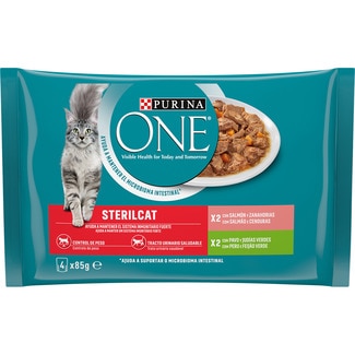 Sterilcat comida húmeda para gatos adultos esterilizados con salmón y zanahorias 2 sobres 85 g con pavo y judías verdes 2 sobres 85 g - Purina One