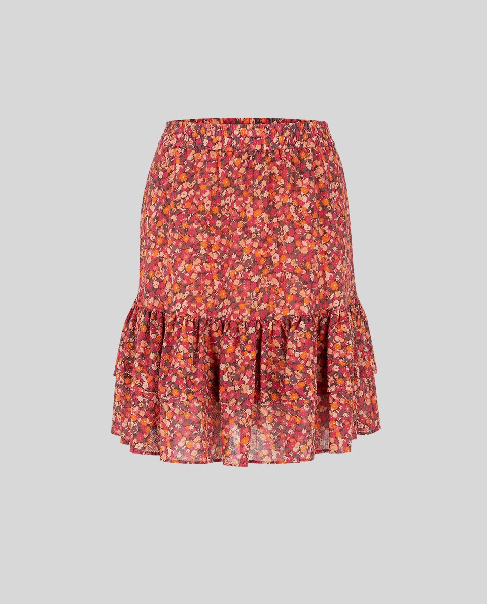 Saia com Folhos e Estampado Floral em Seda, Algodão e Elástico Multicolor-5