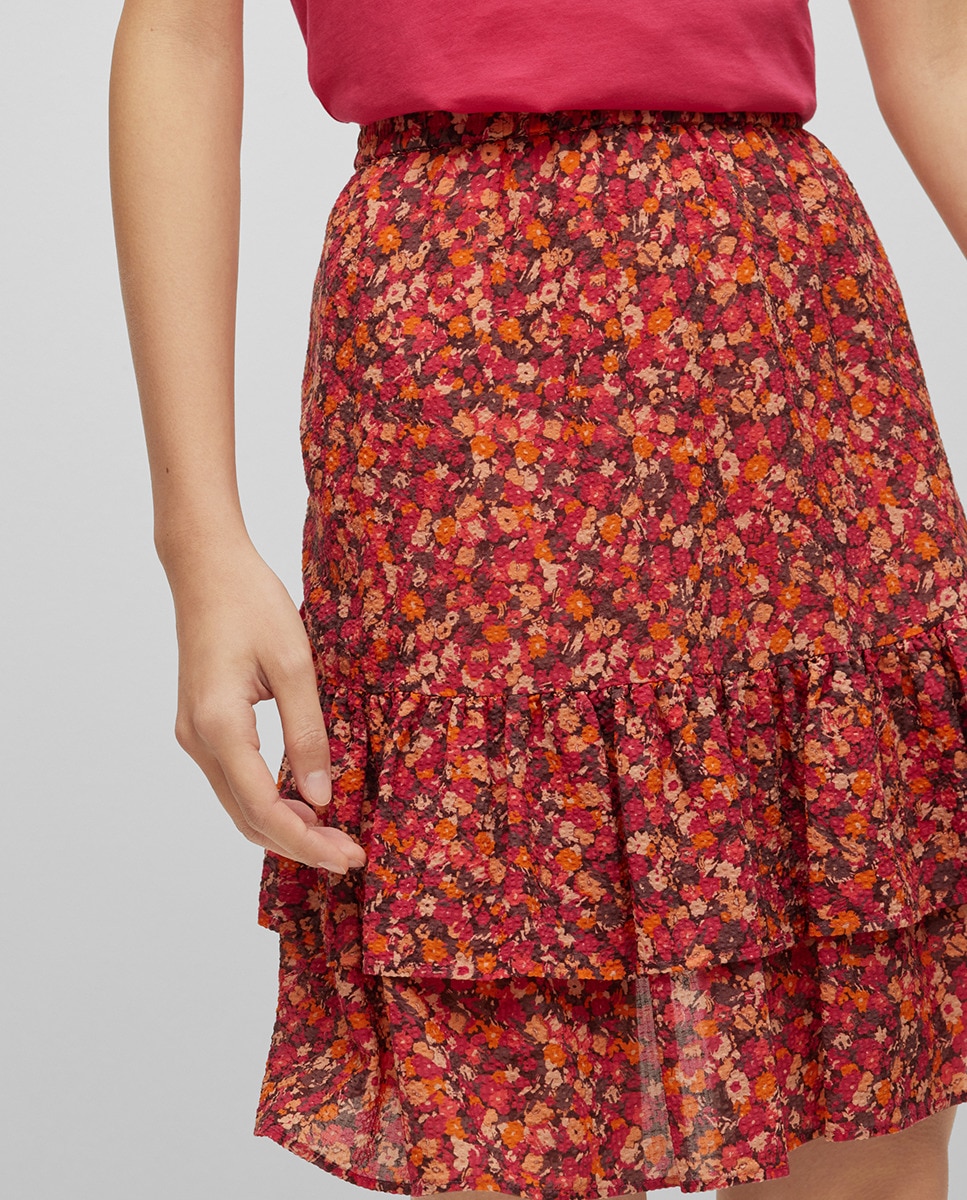 Saia com Folhos e Estampado Floral em Seda, Algodão e Elástico Multicolor-4