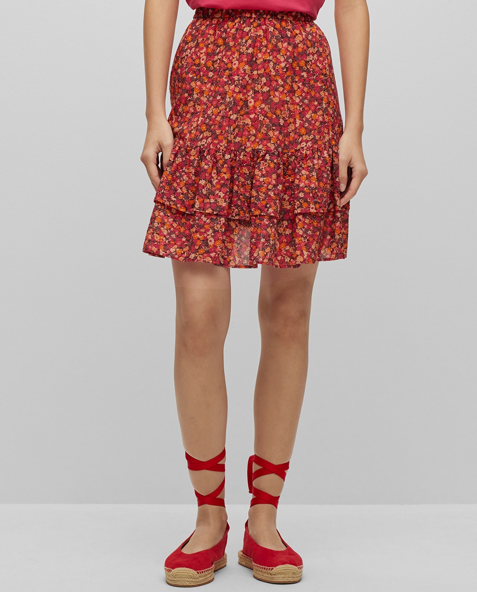 Saia com Folhos e Estampado Floral em Seda, Algodão e Elástico Multicolor-2