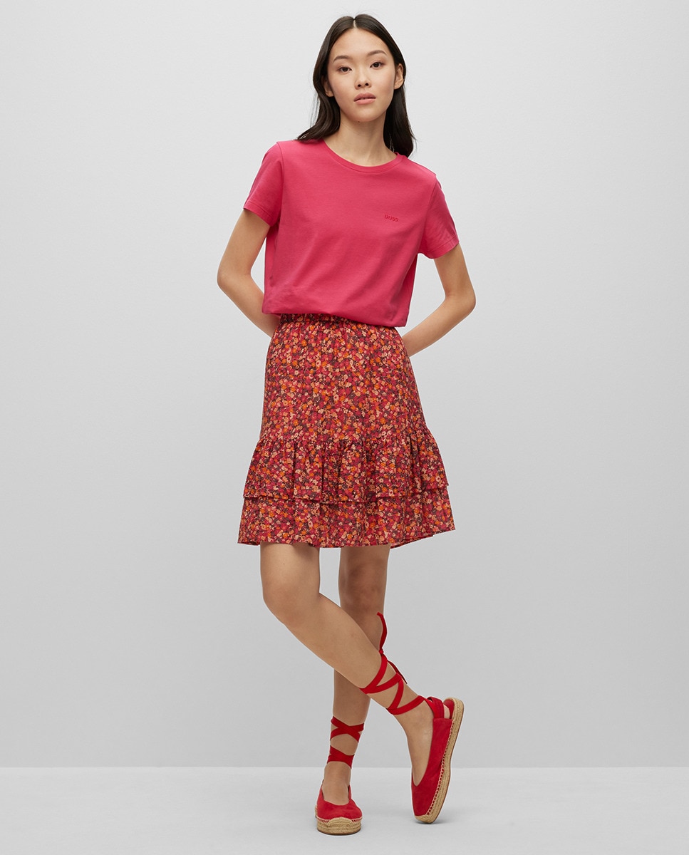 Saia com Folhos e Estampado Floral em Seda, Algodão e Elástico Multicolor-1