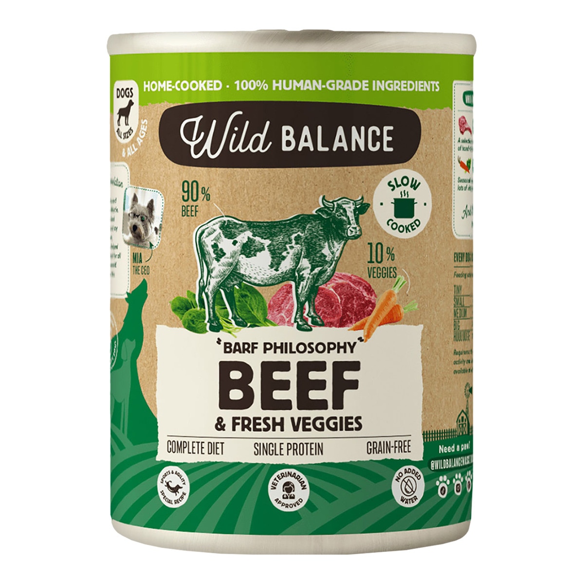 Comida húmeda para perros adultos Wild Balance barf cocinado al vapor trozos ternera y verduras frescas 400 g 1