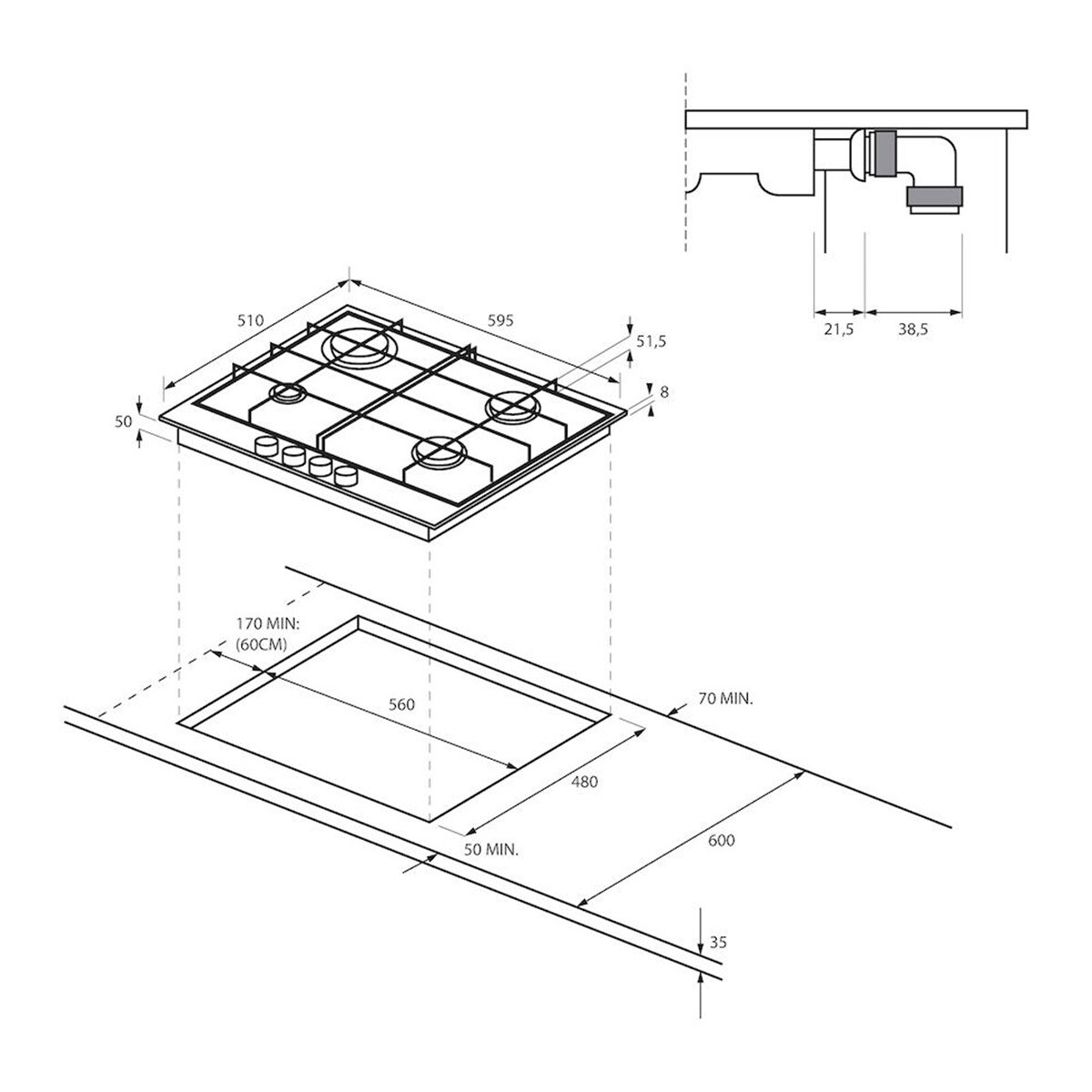 Placa de gas Candy con 4 quemadores, de 60 cm - CHG6BRX Acero Inox-2