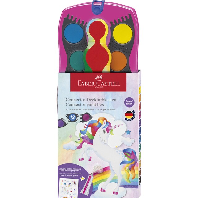 Imagen 0 de Caja acuarelas Connector, rosa, 12 colores, 1 tubo de purpurina arcoíris y adhesivos de unicornios Faber-Castell