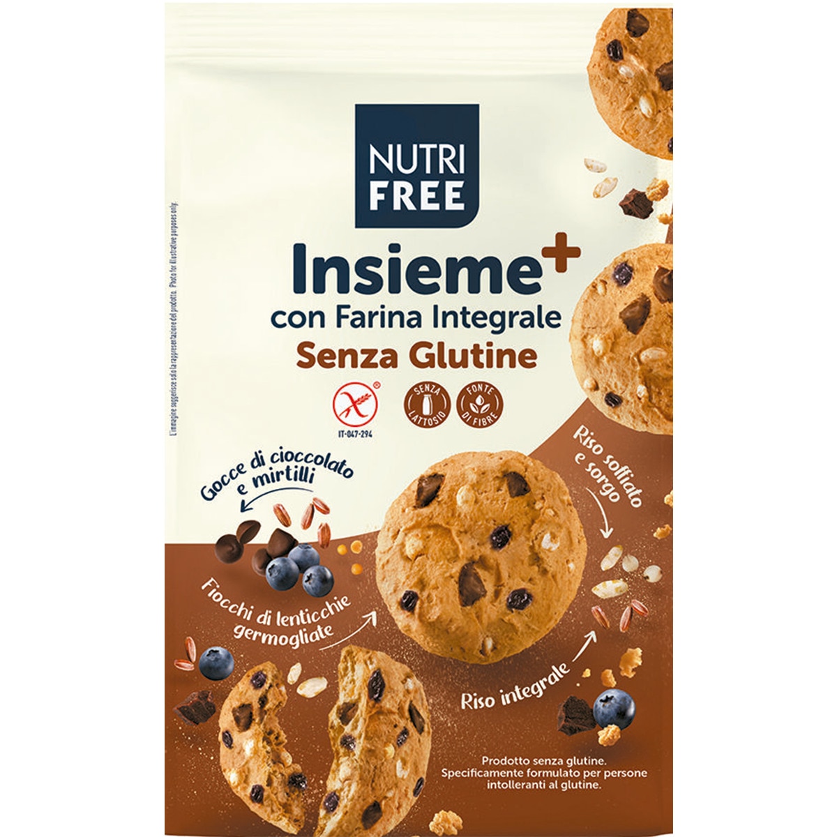 Biscoitos Insieme + com Farinha Integral sem Glúten Chocolate e Mirtilo embalagem 250 g
