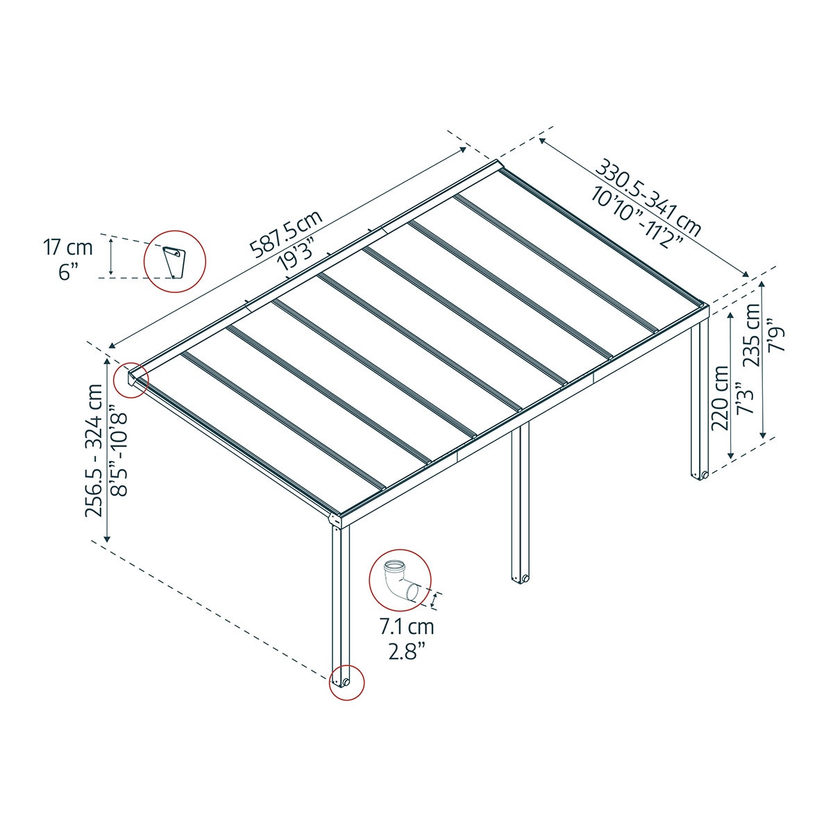Pérgola Adosada Aluminio Stockholm 341 x 587,5 cm Gris oscuro-15