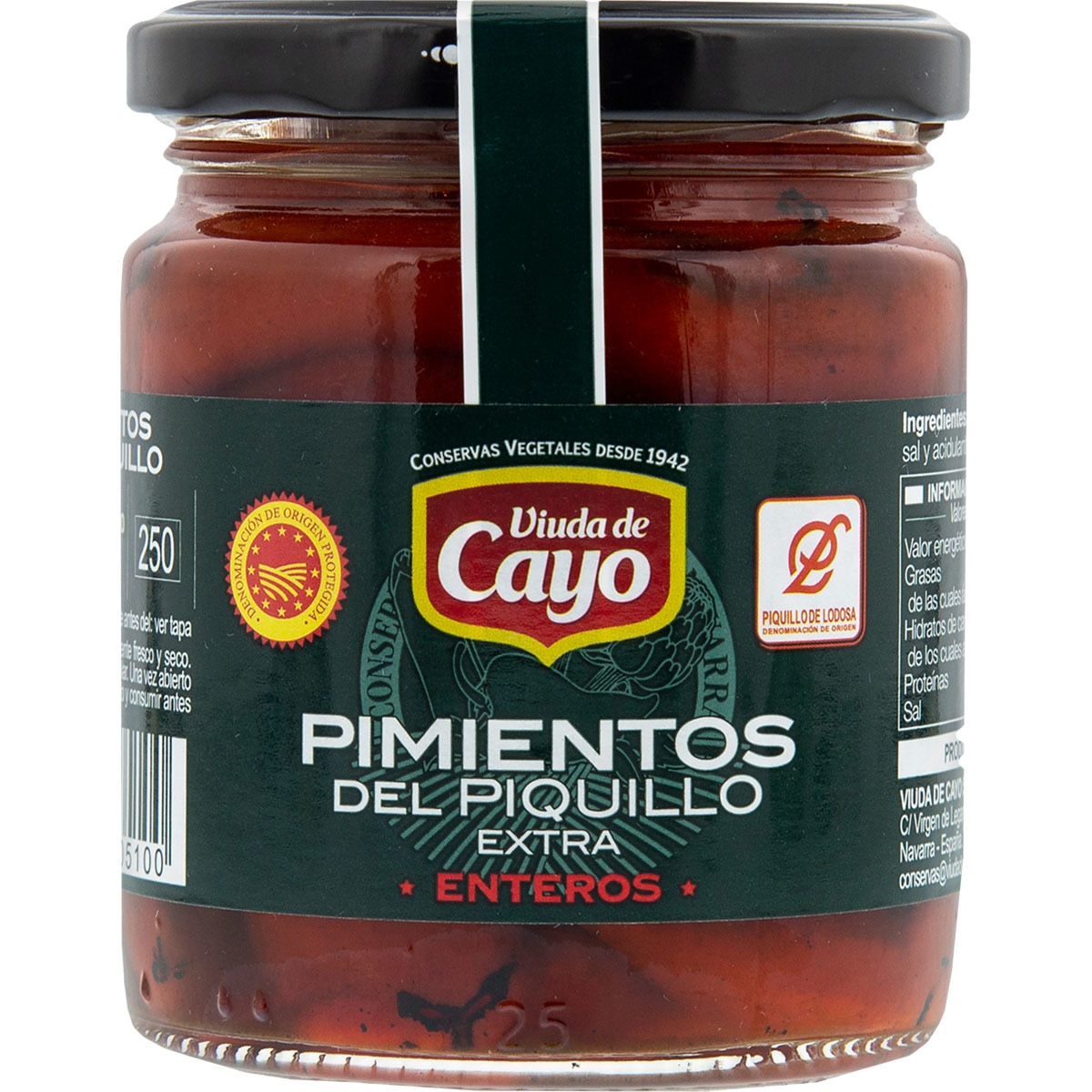 pimientos del piquillo DOP de Lodosa enteros frasco 205 g neto escurrido