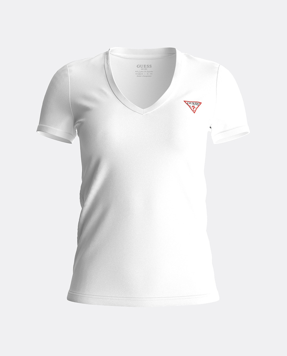 T-shirt de Manga Curta com Decote em Bico Branco-3
