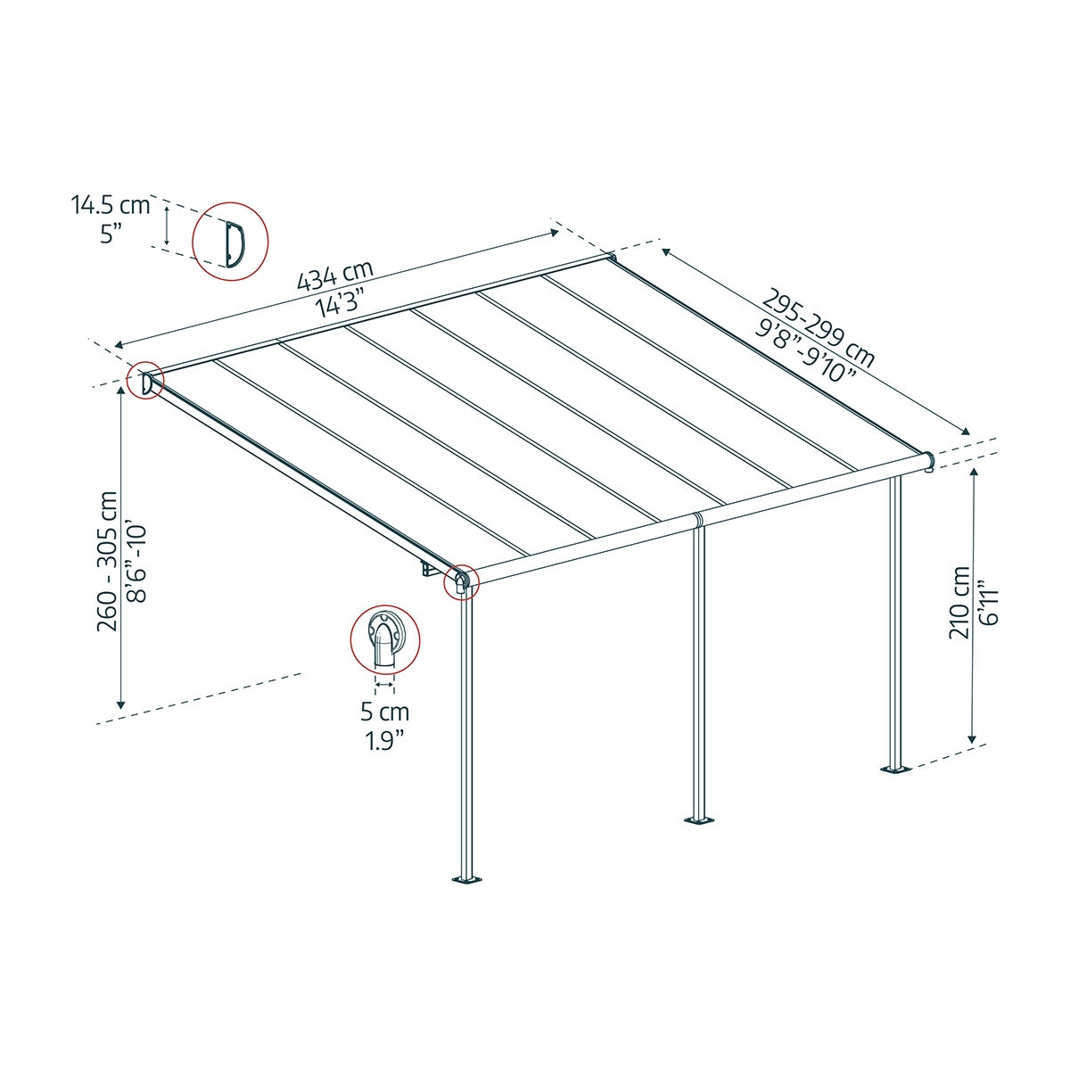 Pérgola Adosada Aluminio Capri 299 x 484 cm Gris oscuro-6