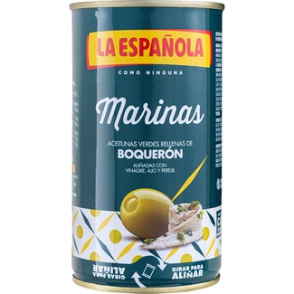 aceitunas verdes rellenas de boquerón aliñadas con vinagre, ajo y perejil Marinas lata 130 g neto escurrido - La Española