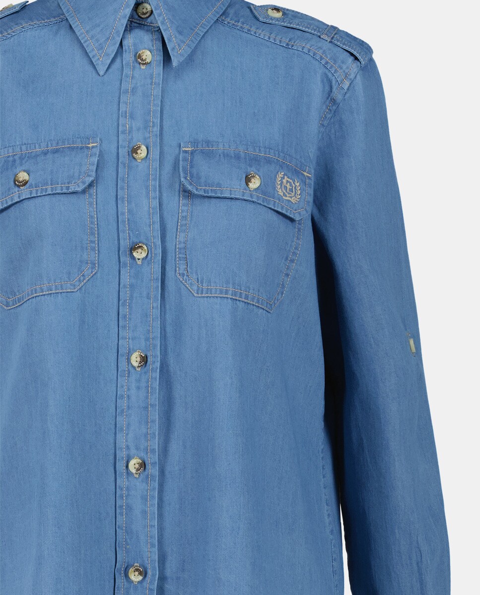 Blusa de Manga Curta com Bolsos à Frente Azul-5