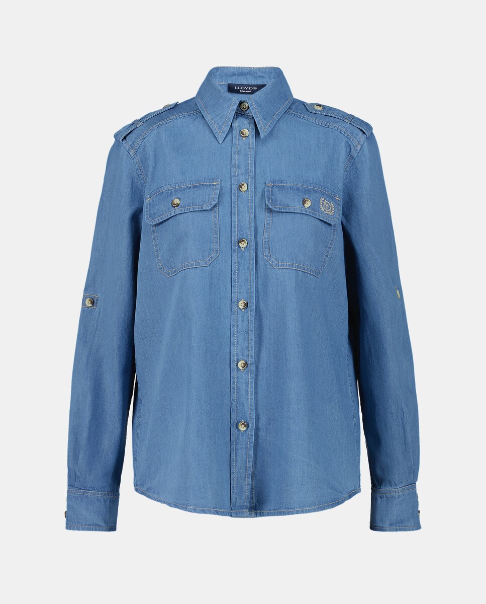 Blusa de Manga Curta com Bolsos à Frente Azul-4