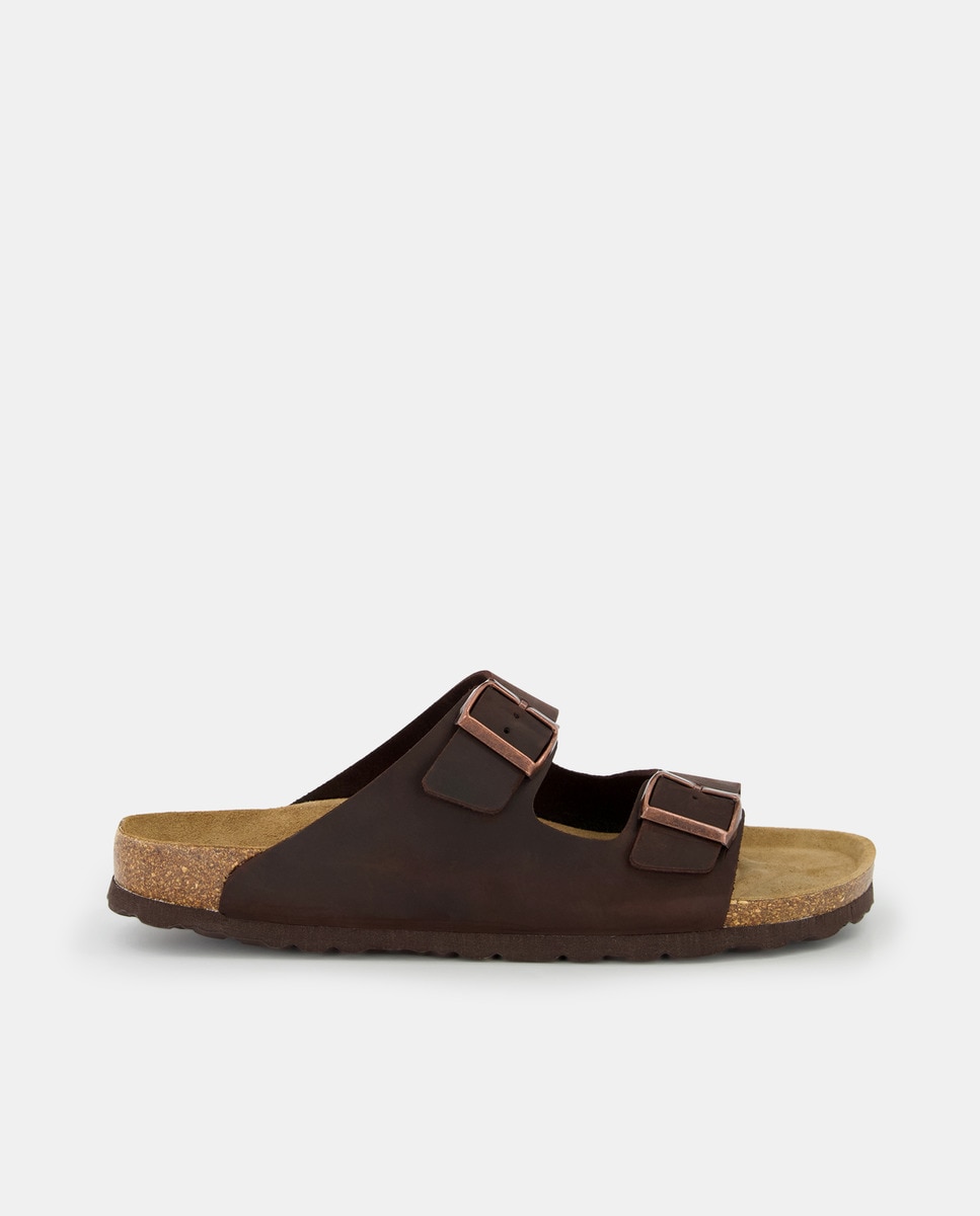 Sandalias de hombre en piel con doble hebilla 39 Marrón