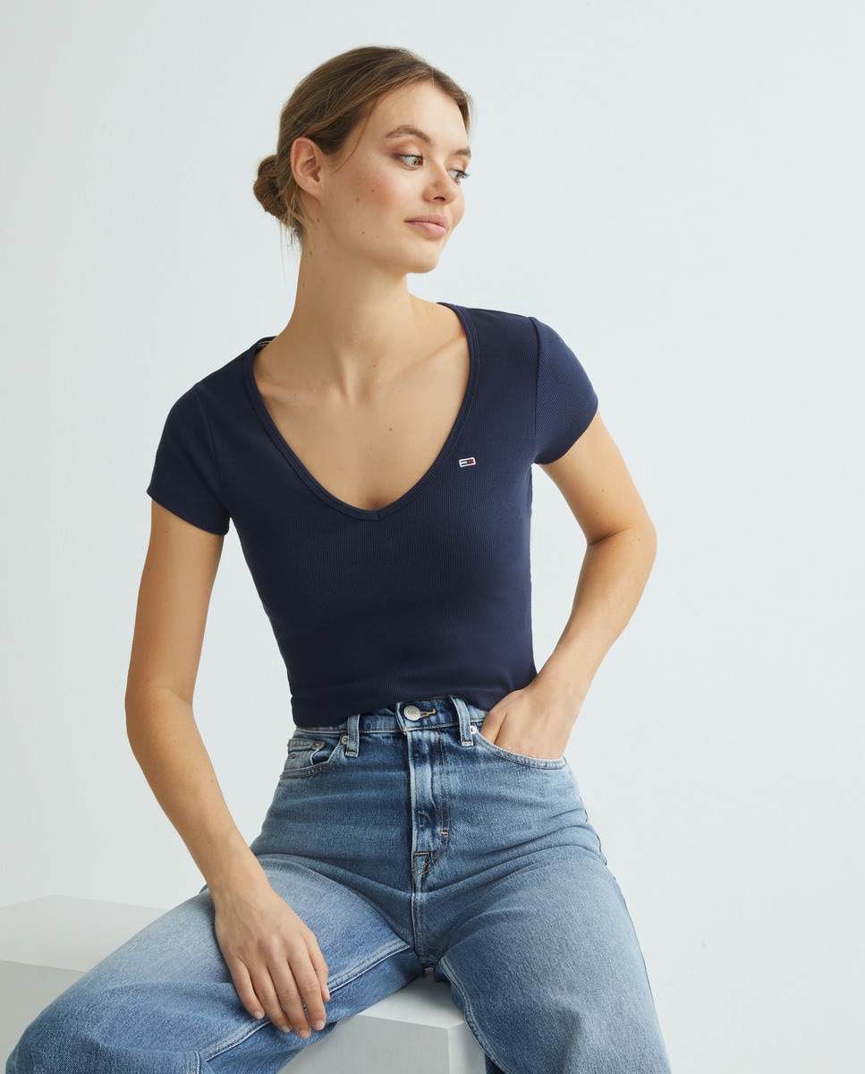 Tshirt à manches courtes, col en V et coupe baby crop