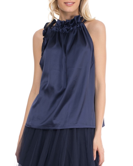 Imagen 0 de Blusa sin mangas satinada con cuello ajustable y lazo