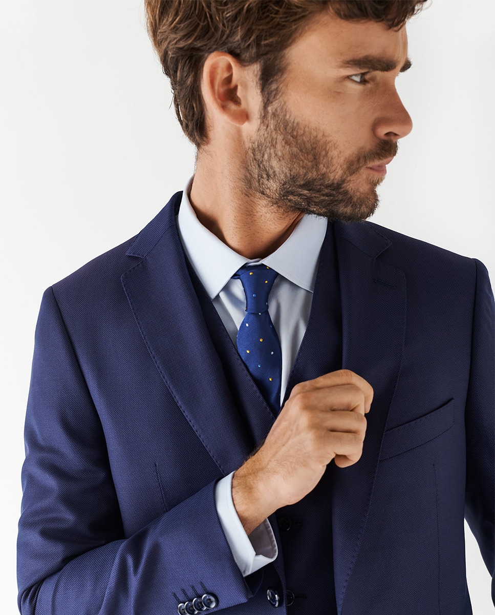 Fato Half Canvas Slim Fit de Falso Liso - Azul-Marinho Azul-6