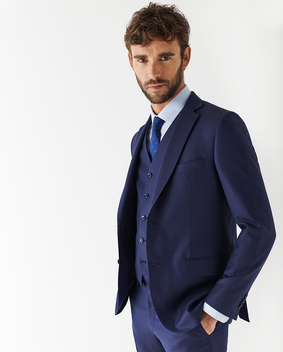 Fato Half Canvas Slim Fit de Falso Liso - Azul-Marinho Azul-3