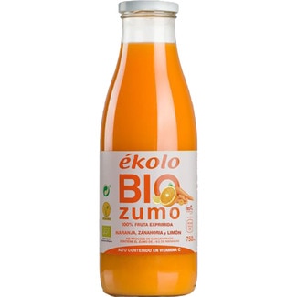 zumo 100%  exprimido de naranja, zanahoria y limón ecológico botella 750 ml - Ekolo Bio